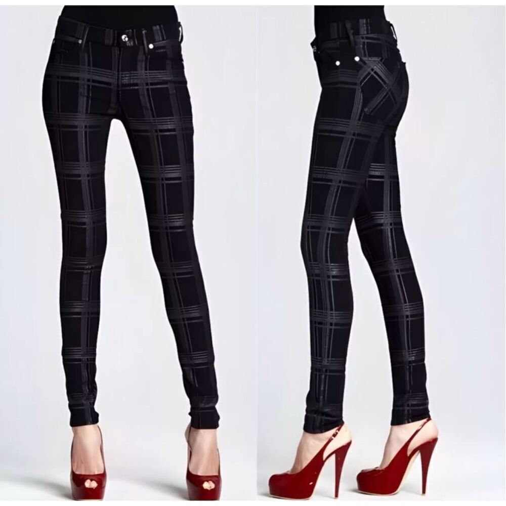 7 For All Mankind Gwennevere Skinny Silver Metallic Plaid Jeans size 27 NWT